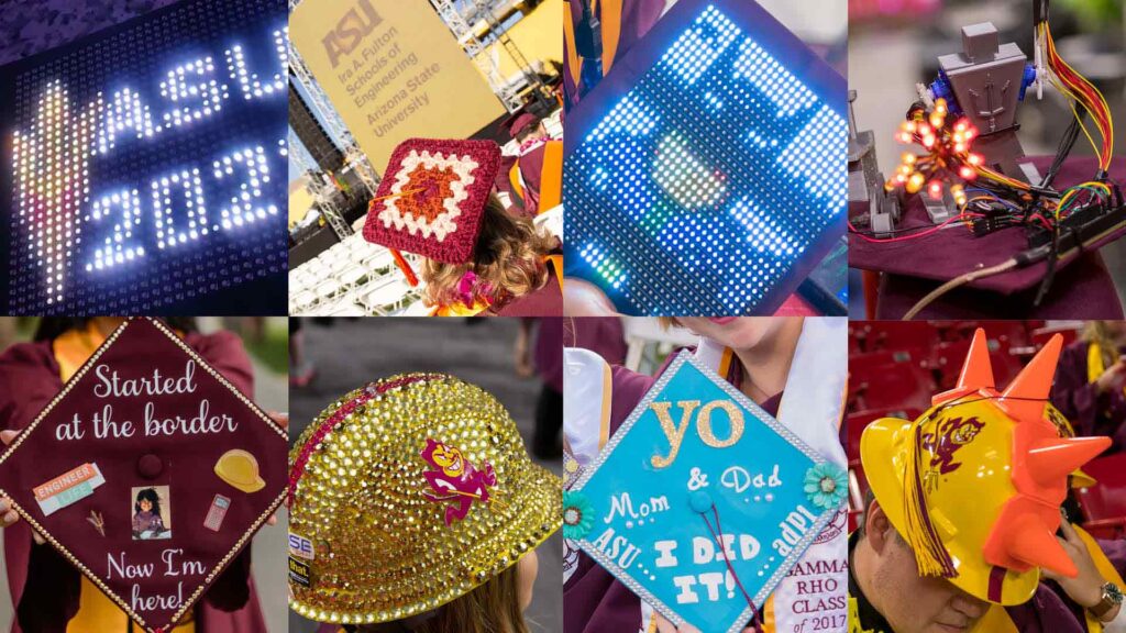 Collage image of past decorated mortarboards