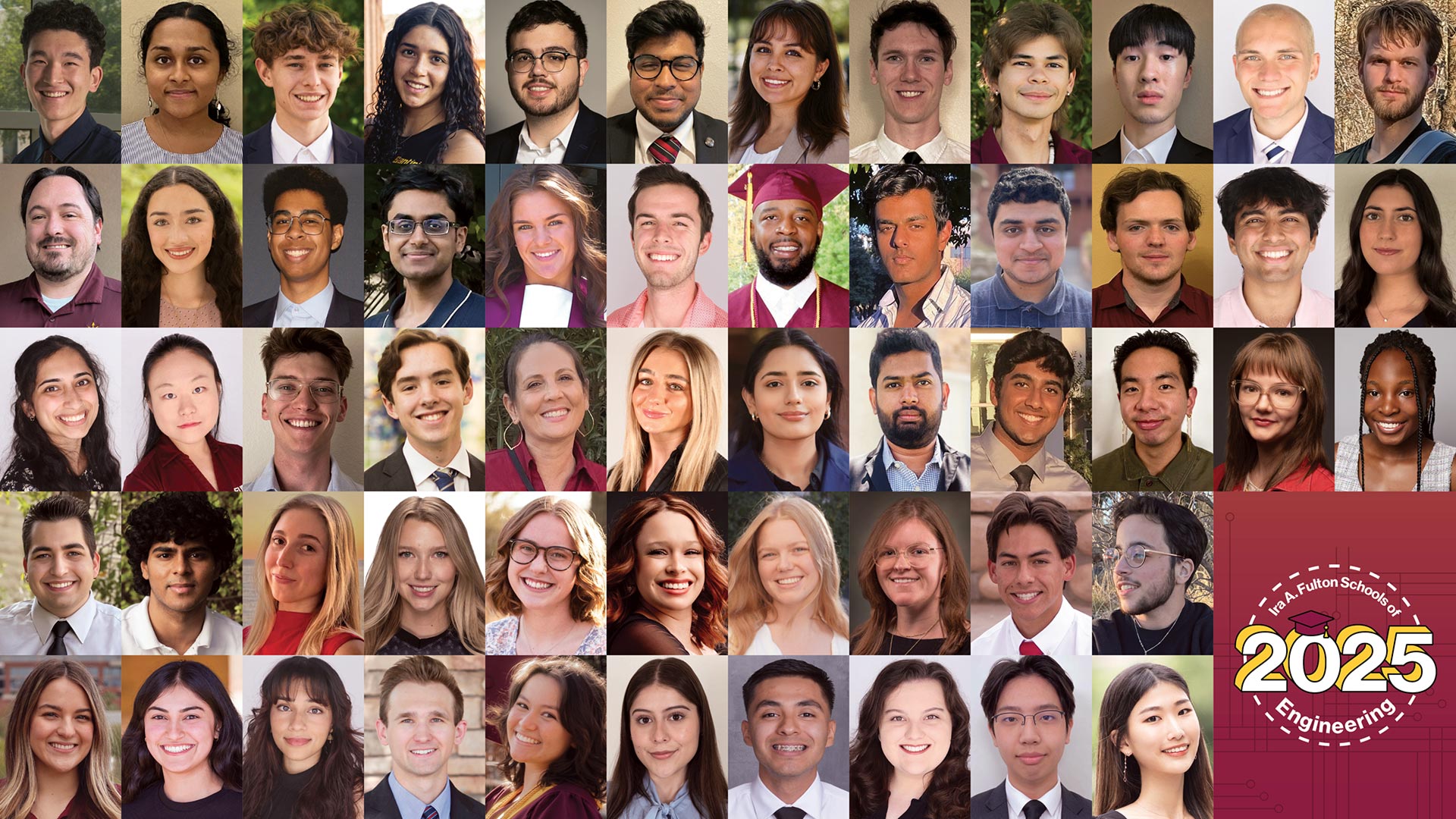 Composite image of the portraits of the 56 Spring 2025 Ira A. Fulton Schools of Engineering outstanding graduates.